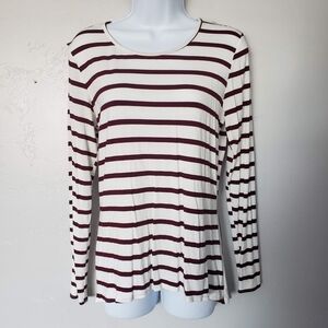 Les Amis Large Burgundy White Striped Long Sleeve Shirt Peplum Back Top Blouse